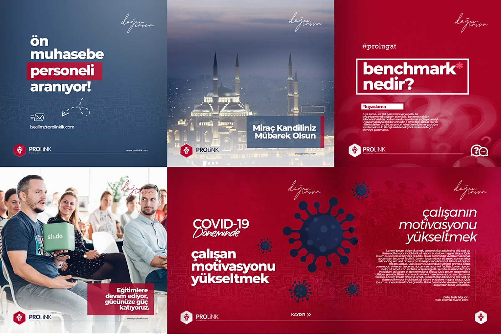 Prolink Instagram akışından altı gönderi: kırmızı ve lacivert zeminlerde iş ilanı, Miraç Kandili, ‘benchmark nedir?’ ve eğitim gönderileri